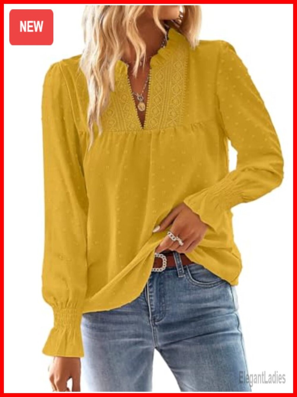 Womens Boho Flowy Tunic Top V-Neck Crochet Lace Long Sleeve Blouse